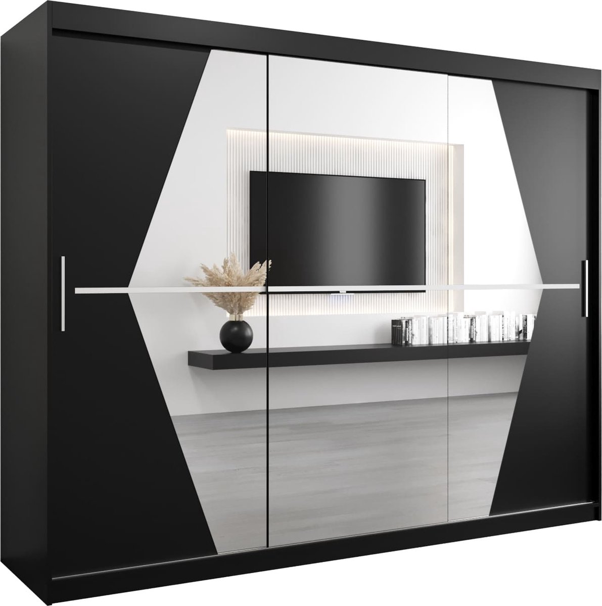 InspireME Kledingkast met 3 schuifdeuren, Modern-stijl, Een kledingkast met planken en een spiegel (BxHxD): 250x200x62 - BOLA 250 Zwart Mat