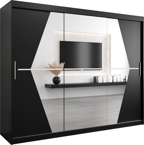 InspireMe - Kledingkast met 3 schuifdeuren, Modern-stijl, Een kledingkast met planken en een spiegel (BxHxD): 250x200x62 - BOLA 250 Zwart Mat
