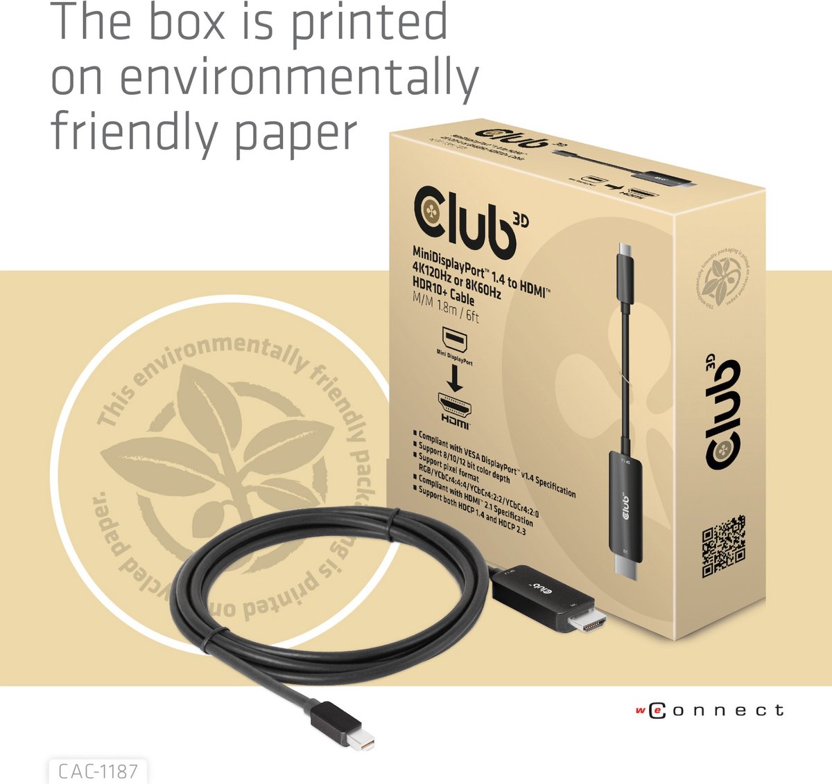 CLUB3D MiniDisplayPort 1.4 to HDMI 4K120Hz or 8K60Hz HDR10+ Cable M/M 1.8m / 6ft