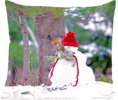 Sierkussens - Kussen - Eekhoorn zit op een sneeuwpop in de winter - 45x45 cm - Kussen van katoen