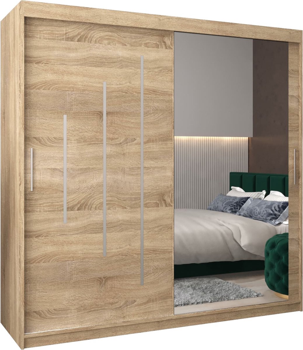 InspireME Kledingkast met 2 schuifdeuren, Modern-stijl, Een kledingkast met planken en een spiegel (BxHxD): 200x200x62 - MALTESE II 200 Sonoma Eik met 4 lades
