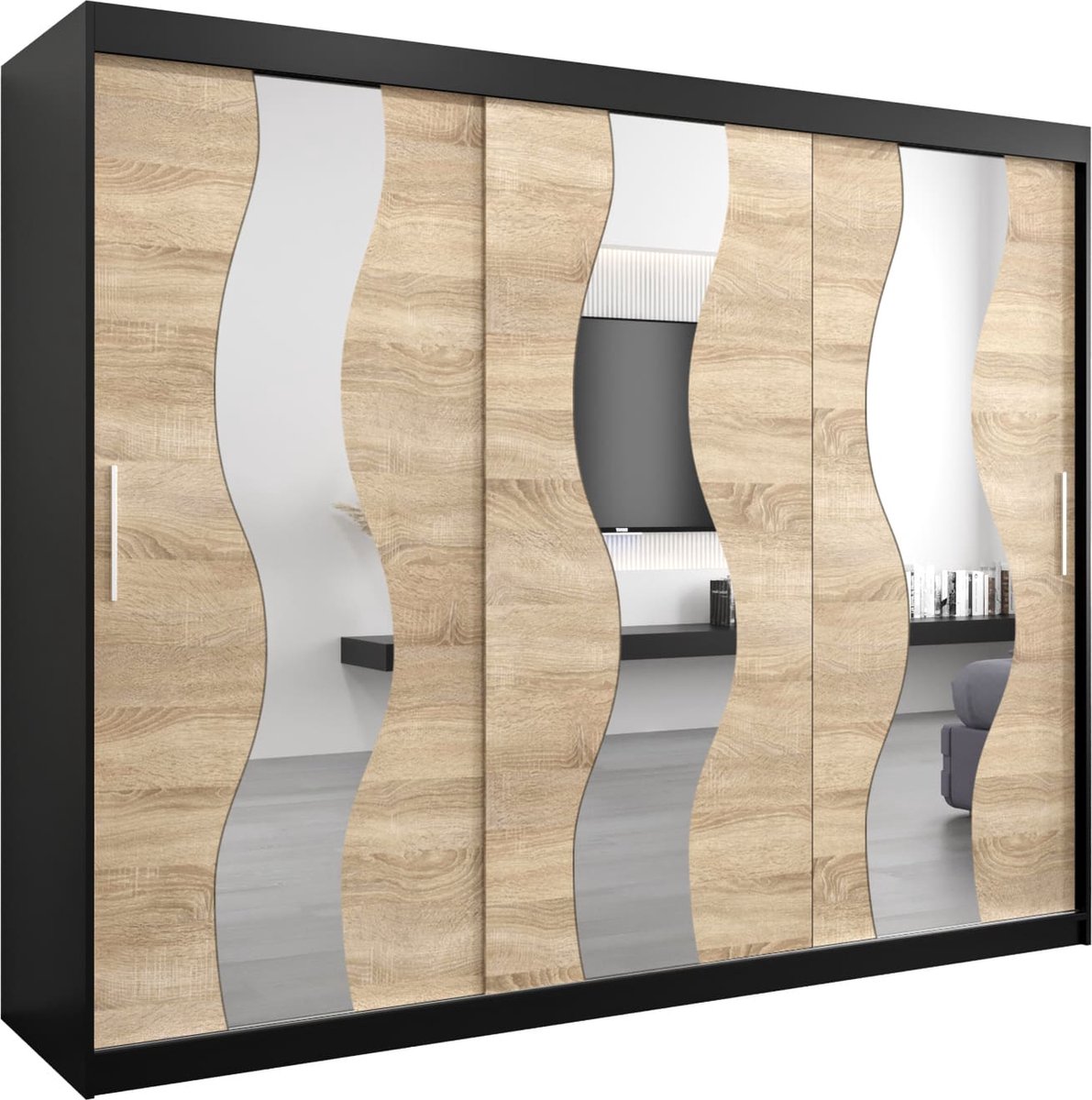 InspireME Kledingkast met 3 schuifdeuren, Modern-stijl, Een kledingkast met planken en een spiegel (BxHxD): 250x200x62 - REESE 250 Zwart Mat + Sonoma Eik met 4 lades