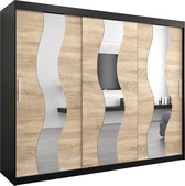 InspireMe - Kledingkast met 3 schuifdeuren, Modern-stijl, Een kledingkast met planken en een spiegel (BxHxD): 250x200x62 - REESE 250 Zwart Mat + Sonoma Eik met 4 lades