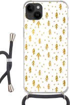 Geschikt voorApple Iphone 14 Plus - Crossbody Case - Dennentak - Kerst - Goud - Patroon - Siliconen - Crossbody - Backcover met Koord - Telefoonhoesje met koord - Hoesje met touw