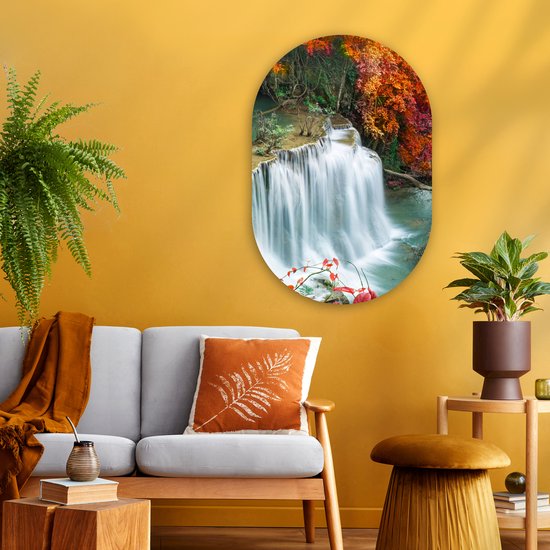 Miroir ovale - Décoration murale en plastique - Tableau ovale - Arbres - Cascade - Automne - Nature - 60x90 cm - Forme miroir ovale sur plastique