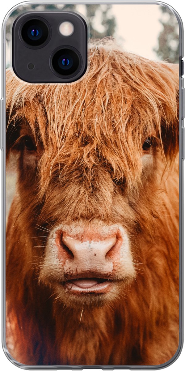 Telefoonhoesje Geschikt voor iPhone 13 mini hoesje - Koe- Schotse hooglander - Hoorns - Bruin - Landschap - Siliconen Telefoonhoesje Telefoonhoesje