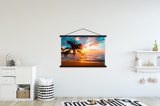 Porte-affiche avec affiche - Affiche scolaire - Palmier - Coucher de soleil - Horizon - Plage - Mer - Tropical - 150x100 cm - Lattes noires