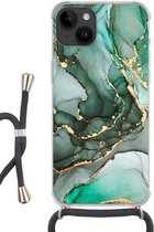 Geschikt voorApple Iphone 14 - Crossbody Case - Goud - Marmer print - Groen - Luxe - Marmer printlook - Grijs - Siliconen - Crossbody - Backcover met Koord - Telefoonhoesje met koord - Hoesje met touw