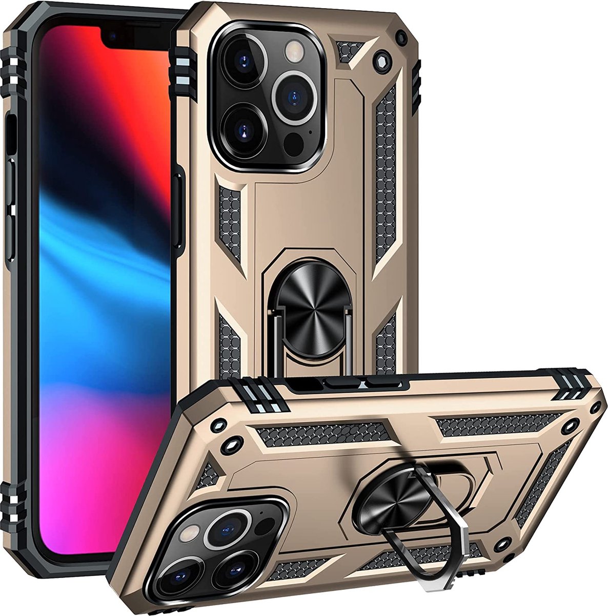 Anti-Shock Hybrid Ring Armor Hoesje Geschikt voor: iPhone 13 Pro Max - goud