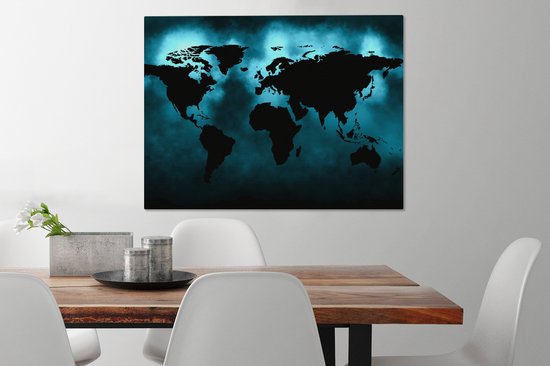 Wereldkaart Toile - 80x60 - Décoration murale Wereldkaart - Zwart - Blauw