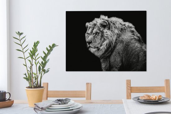Tableau sur toile - Animaux sauvages - Lion - Zwart - Wit - Décoration murale - Toile - 80x60 cm - Toile canvas - Salon