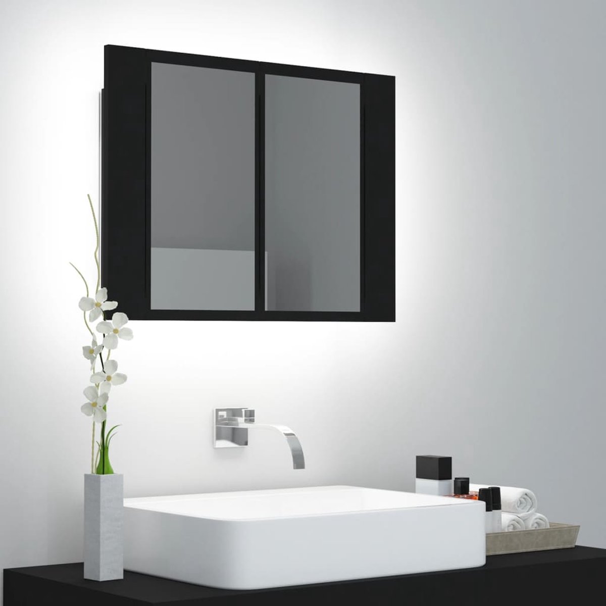 Prolenta Premium - Badkamerkast met spiegel en LED 60x12x45 cm zwart
