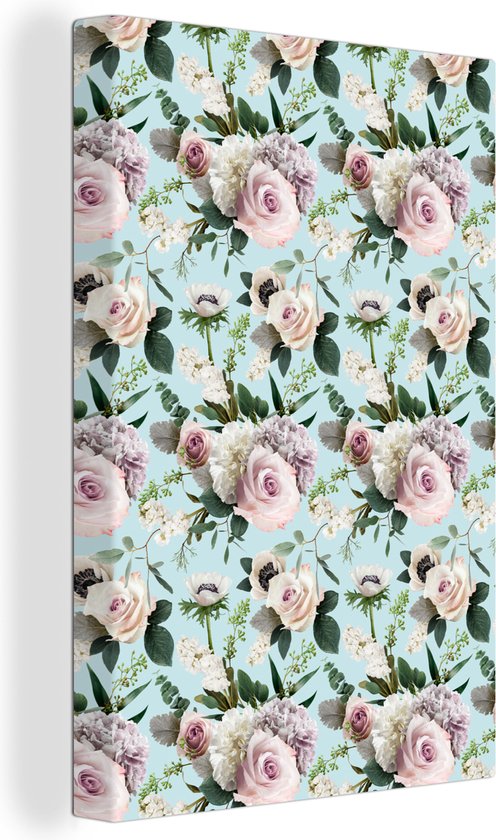 Toile Peinture Fleurs - Rose - Feuille - 40x60 cm - Décoration murale