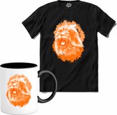 Oranje Leeuw - Oranje elftal WK / EK voetbal kampioenschap - bier feest kleding - grappige zinnen, spreuken en teksten - T-Shirt met mok - Dames - Zwart - Maat 3XL