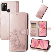 Voor Infinix Hot 10 Lite Vierbladige Sluiting Reliëf Gesp Mobiele Telefoon Bescherming Lederen Case met Lanyard & Kaartsleuf & Portemonnee & Beugel Functie (Rose Goud)