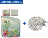 Luxe Dekbedovertrek Eenpersoons - 140x200/220cm - Inclusief 1 Kussensloop - 100% Zacht Percale Katoen - Botanica Groen + Wasbaar Microfiber Dekbed - 140x200cm - Wit