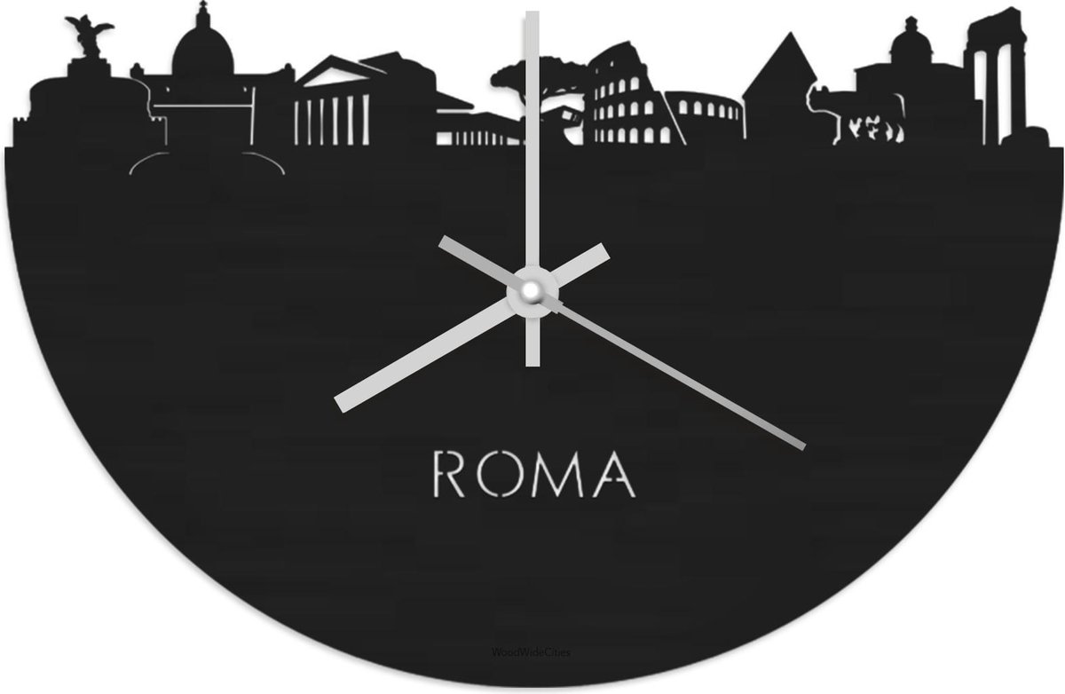 Skyline Klok Rome Zwart hout - Ø 40 cm - Stil uurwerk - Wanddecoratie - Meer steden beschikbaar - Woonkamer idee - Woondecoratie - City Art - Steden kunst - Cadeau voor hem - Cadeau voor haar - Jubileum - Trouwerij - Housewarming - WoodWideCities