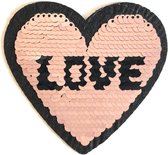 Reversible Pailletten Roze Naar Zilver Hart Met Love Tekst Strijk Embleem Patch 8.8 cm / 8.2 cm / Roze Zwart Zilver