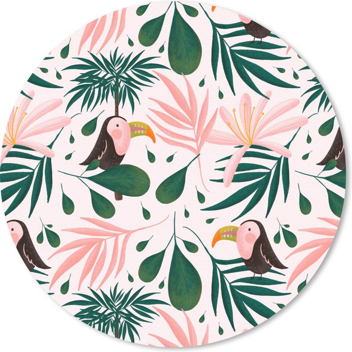 Muismat rond 40x40 cm - Mousepad Toekan - Bladeren - Roze - Ronde muismatten