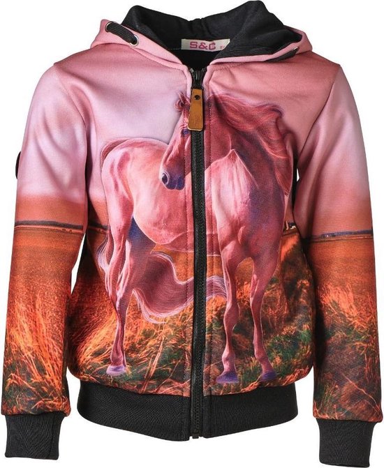 TA Fashion Kindersweatjack met capuchon met fleece gevoerd, hoodie, overgangsjas, kat, poot, paarden, maat 92-134, Rood-789TE, 92