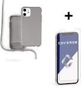 Coverzs Silicone case met koord - Telefoonhoesje met koord - Backcover hoesje met koord - touwtje - geschikt voor Apple iPhone 12 / 12 Pro - grijs + glazen Screen Protector