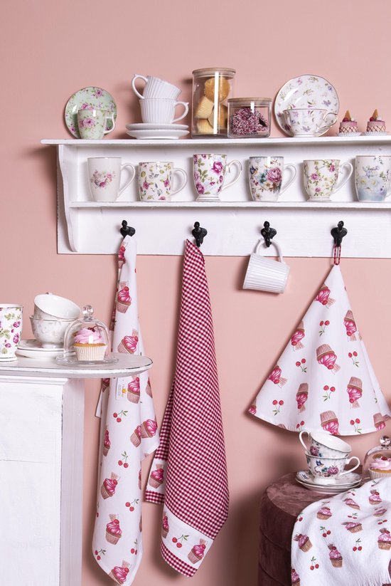 Clayre & Eef Torchon 50x70 cm Rouge Blanc Coton Cupcakes Torchon de cuisine