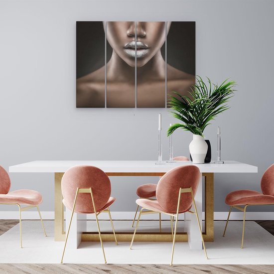 Artaza Toile Peinture Quadrutyque Argent Lèvres d'une Femme Africaine - 80x60 - Tableau sur Toile - Impression sur Toile