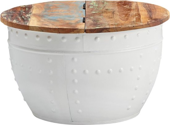 salontafel Mango 60x36x60 cm massief hout metaal wit industrieel rond | Design salontafel met opbergruimte | Lounge tafel sofa tafel modern