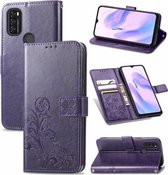 Voor Blackview A70 Vier-blad Sluiting Reliëf Gesp Mobiele Telefoon Bescherming Lederen Case met Lanyard & Card Slot & Portemonnee & Beugel Functie (Paars)