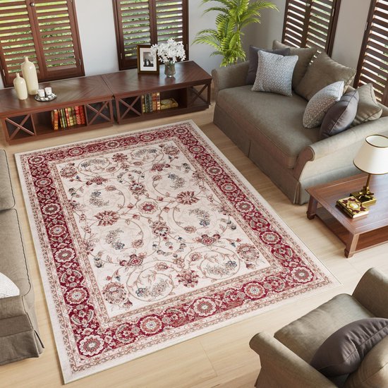 Woonkamer met een crèmekleurig vloerkleed met rood oosters patroon op een houten vloer.