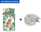 Dekbedovertrek voor Kinderen - Eenpersoons - 140x200/220cm - Inclusief 1 Kussensloop - 100% Versterkt Katoen - Jungle Groen + Wasbaar Microfiber Dekbed - 140x200cm - Wit