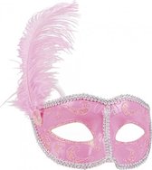 oogmasker Venice met veer dames roze one-size