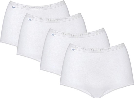 Pak van vier witte maxi slips met kanten tailleband en beenopeningen.