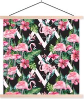 Posterhanger incl. Poster 60x60 cm - Schoolplaat - Flamingo - Bloemen - Bladeren - Patronen - Textielposter - Blanke latten