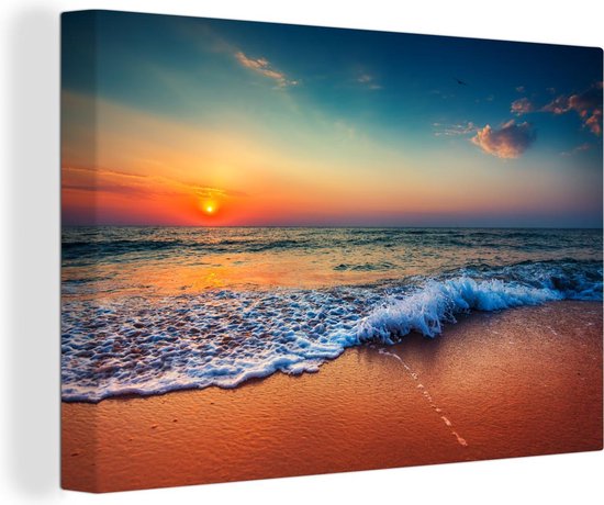 Canvas Schilderij Zonsondergang - Zee - Strand - 90x60 cm - Wanddecoratie