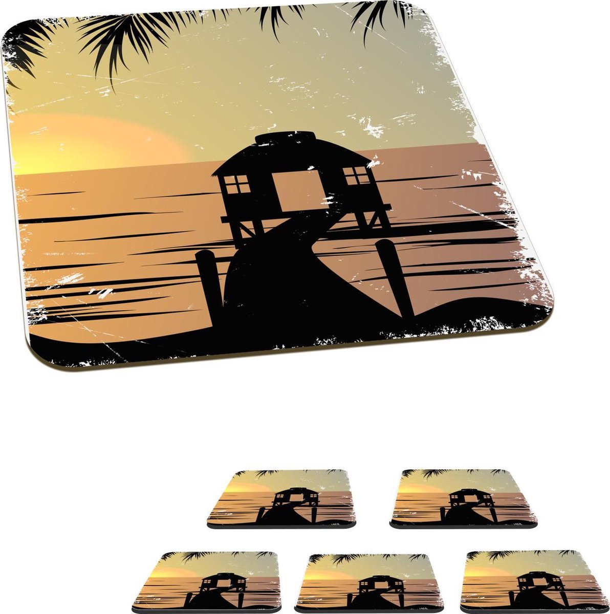 Onderzetters voor glazen - Hut - Pier - Zee - Tekening - 10x10 cm - Glasonderzetters - 6 stuks