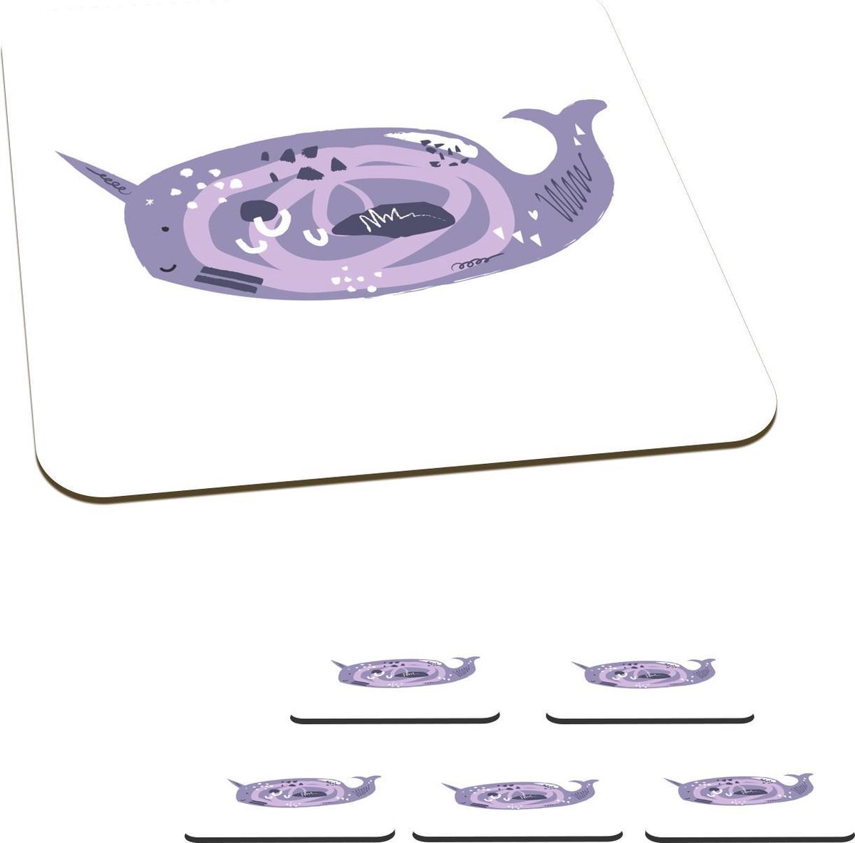 Onderzetters voor glazen - Narwal - Paars - Pastel - 10x10 cm - Glasonderzetters - 6 stuks