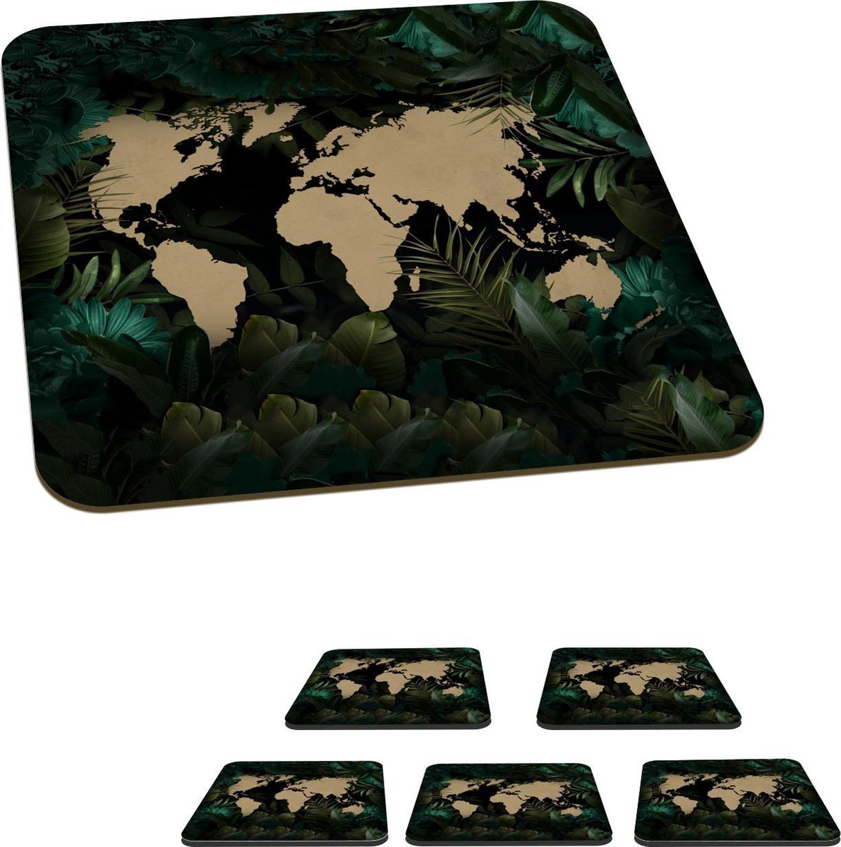 Onderzetters voor glazen - Wereldkaart - Bruin - Bloemen - 10x10 cm - Glasonderzetters - 6 stuks