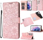 Voor Samsung Galaxy S21 5G Huid Voelen Reliëf Zonnebloem Horizontale Flip Lederen Case met Houder & Kaartsleuven & Portemonnee & Lanyard (Rose Goud)