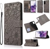 Voor Samsung Galaxy S20+ Skin Feel Reliëf Zonnebloem Horizontale Flip Lederen Case met Houder & Kaartsleuven & Portemonnee & Lanyard (Grijs)