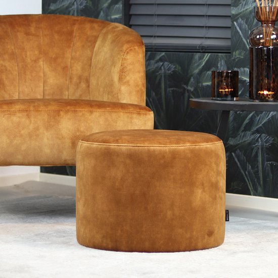 Velvet poef rond Beau velvet okergeel - Hocker velvet - Poef geel - Voetenbankje - Ronde bijzettafel - Voetenbank