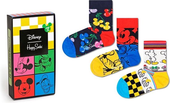 Een geschenkdoos met Disney Happy Socks en drie paar sokken: één met kersen, één met Mickey Mouse en één met Mickey Mouse.