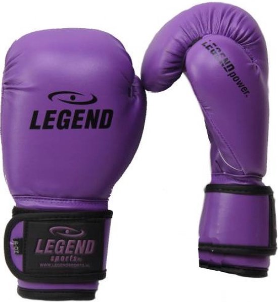 Paarse bokshandschoenen met zwarte klittenbandsluiting, met het Legend Sports logo.