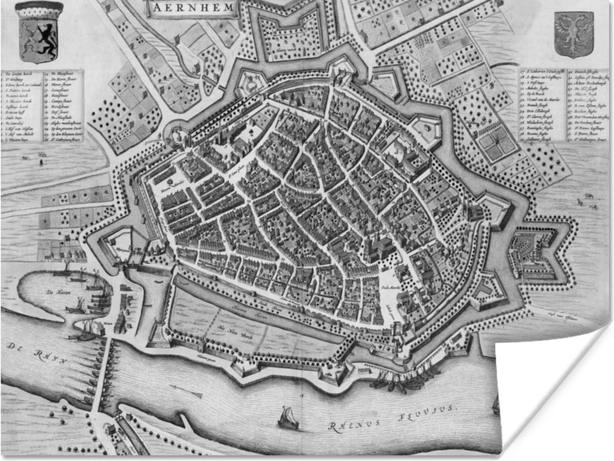 Un plan de ville historique en noir et blanc du Gueldre Arnhem Poster Carte 80x60 cm...