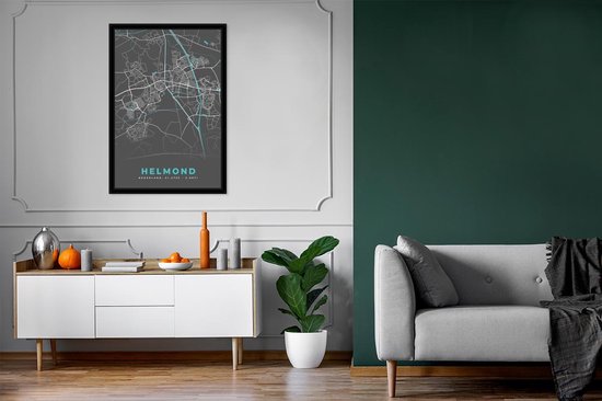 Poster in lijst - Fotolijst 80x120 cm - Posters - Plattegrond - Helmond - Grijs - Blauw - Posterlijst zwart - Decoratie - Wanddecoratie woonkamer - Muurdecoratie slaapkamer