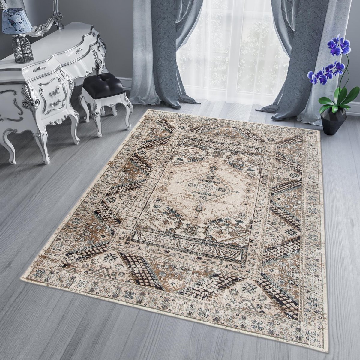 Tapiso Dubai Vloerkleed Oriental Oosters Gebloemd Tapijt Maat- 60x100 Beige Antraciet