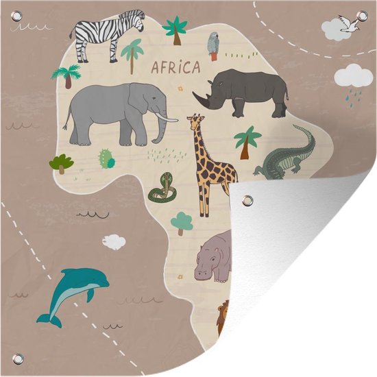 Affiche de Jardin Animaux - Wereldkaart - Enfants - Afrique - Kids - Garçons - Filles - 200x200 cm - Toile de jardin - Affiche extérieure