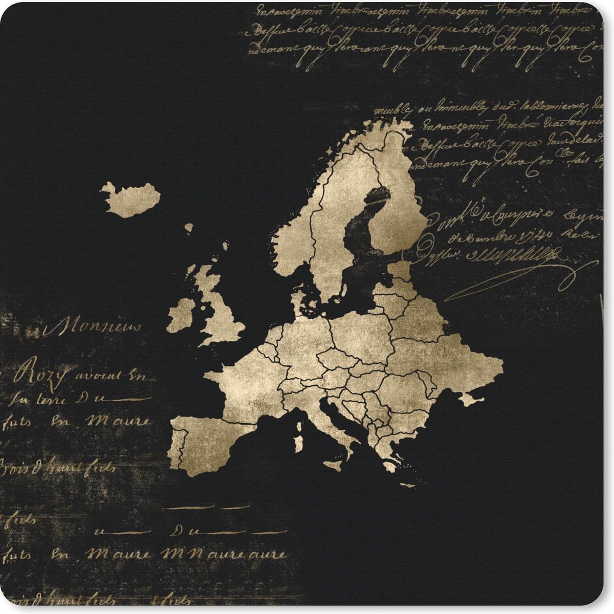 Muismat 20x20 cm - Mousepad Europa kaart - Goud - Zwart - Muismatten