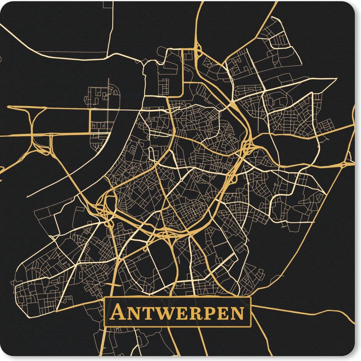 Muismat 20x20 cm - Mousepad Kaart - Antwerpen - Simpel - Goud - Zwart - Muismatten