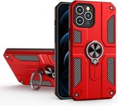 Koolstofvezelpatroon PC + TPU-beschermhoes met ringhouder voor iPhone 12 Pro (rood)